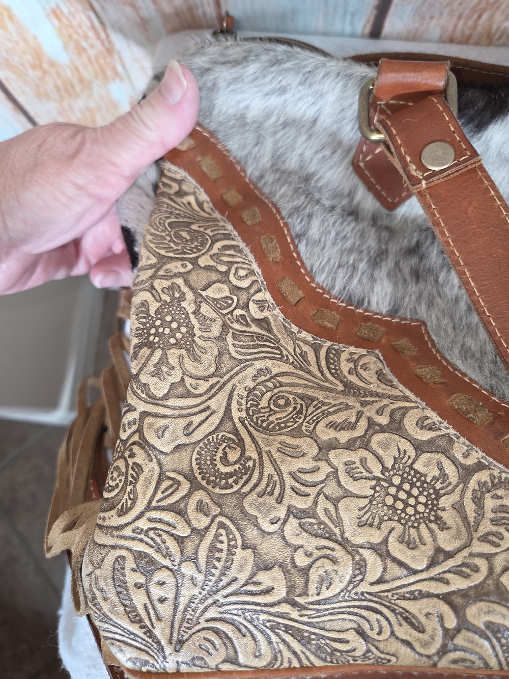 Myra Bag Leather and Haircalf Detailing Concealed Carry Bag in Brown and White - Picture 3 of 9